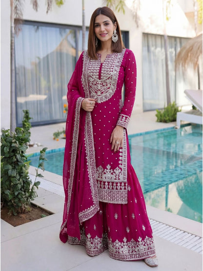 Rajwada Dark Pink Georgette Embellished Kurta Set For Women