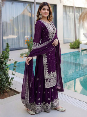 Rajwada Wine Georgette Embellished Kurta Set For Women