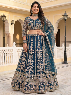 Rajwada Teal Blue Net Embroidered Lehenga For Women