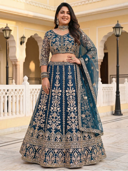 Rajwada Teal Blue Net Embroidered Lehenga For Women