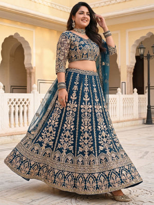 Rajwada Teal Blue Net Embroidered Lehenga For Women