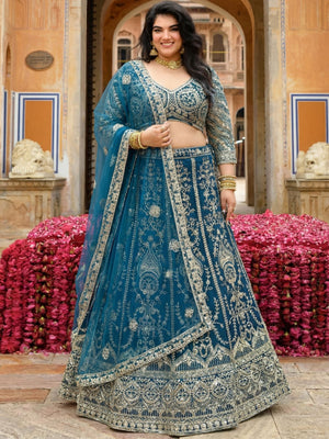 Rajwada Teal Blue Net Embellished Lehenga For Women