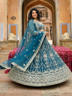 Rajwada Teal Blue Net Embellished Lehenga For Women