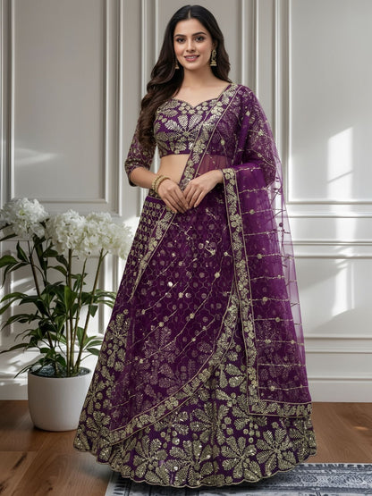 Rajwada Dark Purple Net Embellished Lehenga For Women