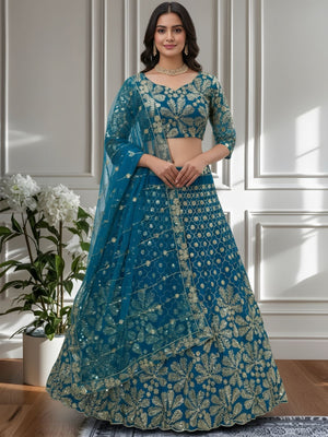 Rajwada Teal Blue Net Embellished Lehenga For Women