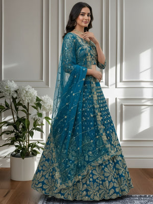 Rajwada Teal Blue Net Embellished Lehenga For Women