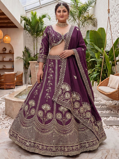 Rajwada Dark Purple Chinon Embellished Lehenga For Women