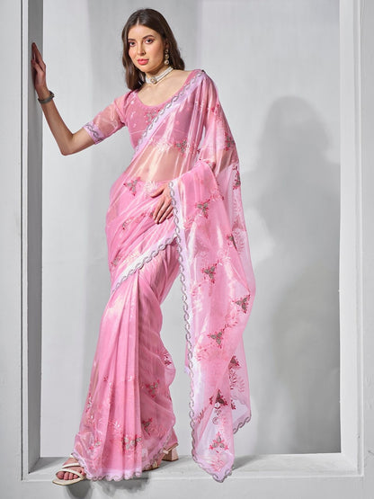 Rajwada Pink Net Embroidered Saree With Unstitched Blouse For Women