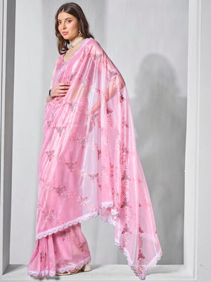 Rajwada Pink Net Embroidered Saree With Unstitched Blouse For Women