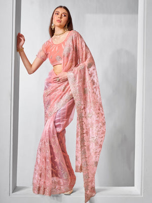 Rajwada Peach Net Embroidered Saree With Unstitched Blouse For Women