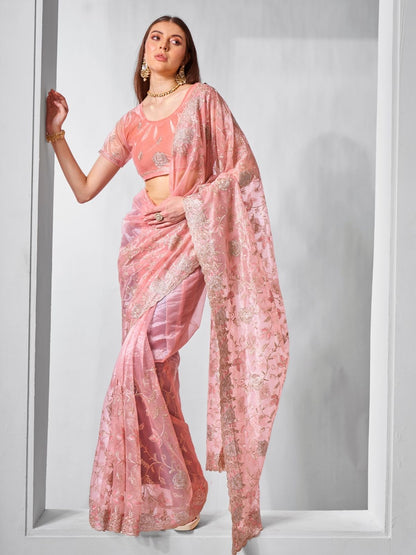Rajwada Peach Net Embroidered Saree With Unstitched Blouse For Women