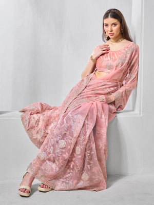 Rajwada Peach Net Embroidered Saree With Unstitched Blouse For Women