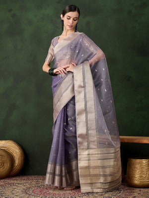 Rajwada Lavender Organza Woven Saree With Unstitched Blouse For Women