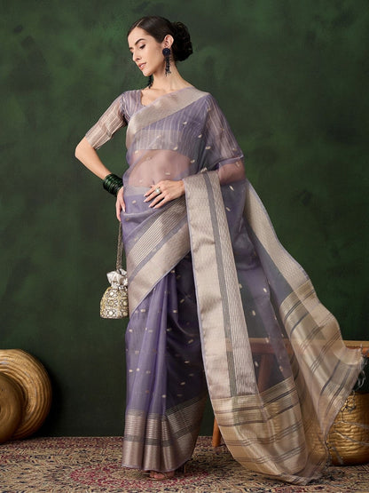 Rajwada Lavender Organza Woven Saree With Unstitched Blouse For Women