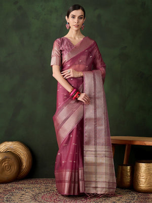 Rajwada Pink Organza Woven Saree With Unstitched Blouse For Women