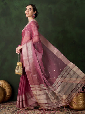 Rajwada Pink Organza Woven Saree With Unstitched Blouse For Women