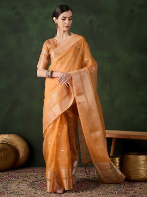 Rajwada Mustard Organza Woven Saree With Unstitched Blouse For Women
