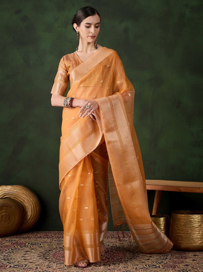 Rajwada Mustard Organza Woven Saree With Unstitched Blouse For Women