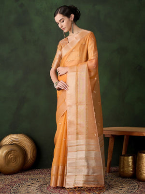 Rajwada Mustard Organza Woven Saree With Unstitched Blouse For Women