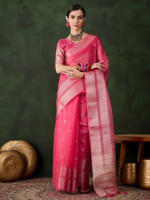 Rajwada Pink Organza Woven Saree With Unstitched Blouse For Women