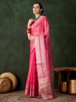 Rajwada Pink Organza Woven Saree With Unstitched Blouse For Women