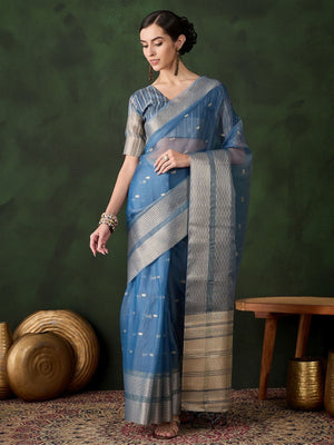 Rajwada Blue Organza Woven Saree With Unstitched Blouse For Women