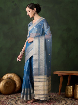 Rajwada Blue Organza Woven Saree With Unstitched Blouse For Women