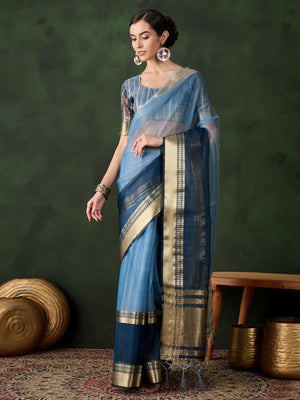 Rajwada Blue Organza Woven Saree With Unstitched Blouse For Women