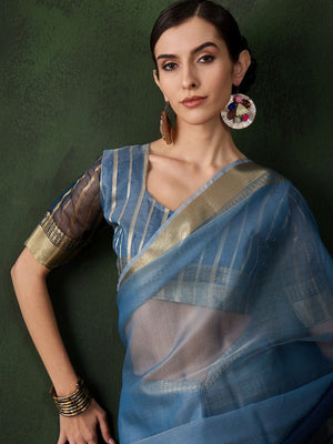 Rajwada Blue Organza Woven Saree With Unstitched Blouse For Women