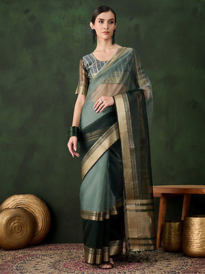 Rajwada Dark Green Organza Woven Saree With Unstitched Blouse For Women