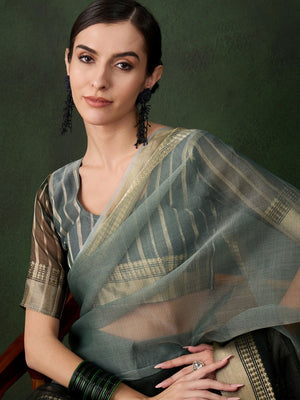 Rajwada Dark Green Organza Woven Saree With Unstitched Blouse For Women