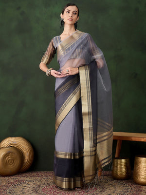 Rajwada Grey Organza Woven Saree With Unstitched Blouse For Women