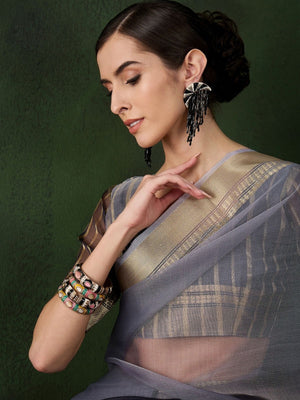Rajwada Grey Organza Woven Saree With Unstitched Blouse For Women