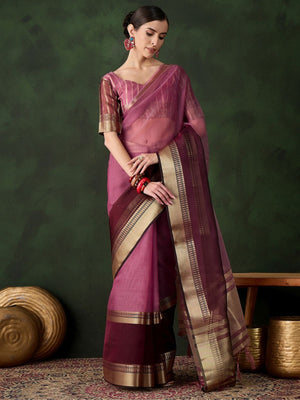 Rajwada Wine Organza Woven Saree With Unstitched Blouse For Women