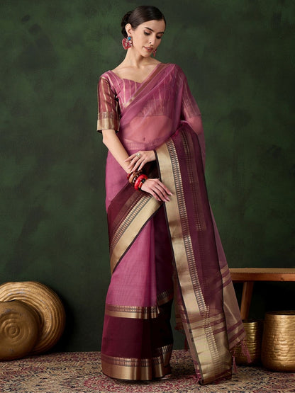Rajwada Wine Organza Woven Saree With Unstitched Blouse For Women