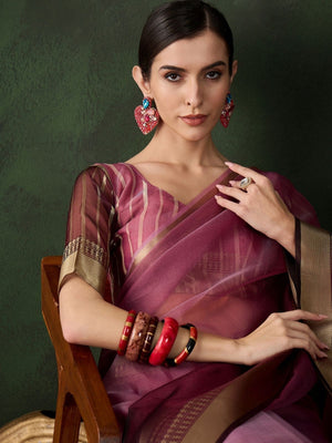 Rajwada Wine Organza Woven Saree With Unstitched Blouse For Women