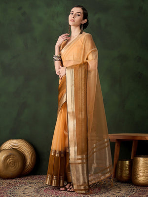Rajwada Yellow Organza Woven Saree With Unstitched Blouse For Women