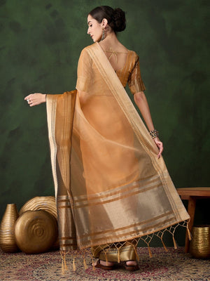 Rajwada Yellow Organza Woven Saree With Unstitched Blouse For Women