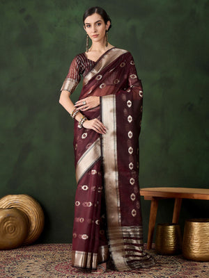 Rajwada Burgundy Organza Woven Saree With Unstitched Blouse For Women