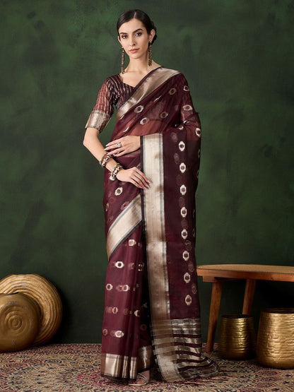 Rajwada Burgundy Organza Woven Saree With Unstitched Blouse For Women
