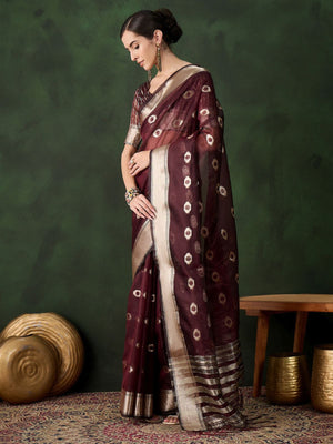 Rajwada Burgundy Organza Woven Saree With Unstitched Blouse For Women
