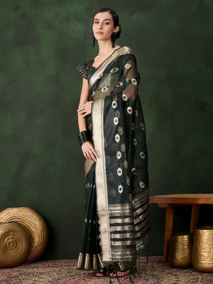 Rajwada Olive Organza Woven Saree With Unstitched Blouse For Women