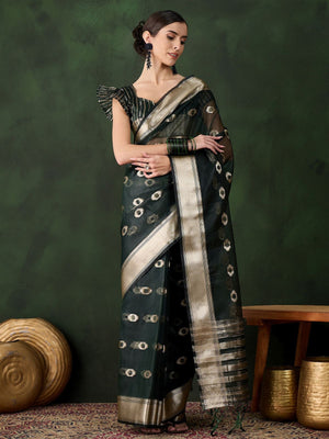 Rajwada Olive Organza Woven Saree With Unstitched Blouse For Women