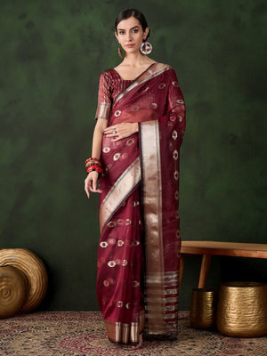 Rajwada Maroon Organza Woven Saree With Unstitched Blouse For Women
