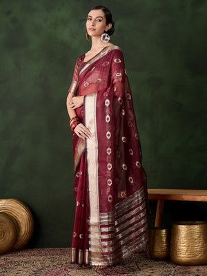 Rajwada Maroon Organza Woven Saree With Unstitched Blouse For Women