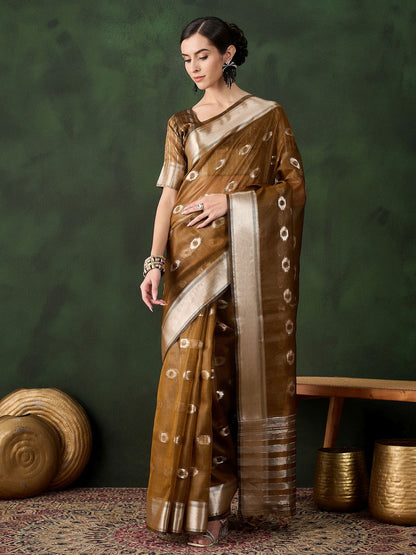 Rajwada Mustard Organza Woven Saree With Unstitched Blouse For Women