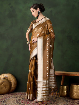 Rajwada Mustard Organza Woven Saree With Unstitched Blouse For Women