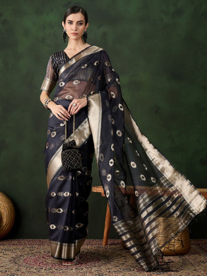Rajwada Navy Blue Organza Woven Saree With Unstitched Blouse For Women
