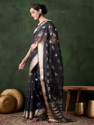 Rajwada Navy Blue Organza Woven Saree With Unstitched Blouse For Women