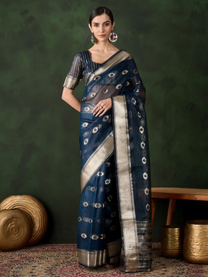 Rajwada Teal Blue Organza Woven Saree With Unstitched Blouse For Women